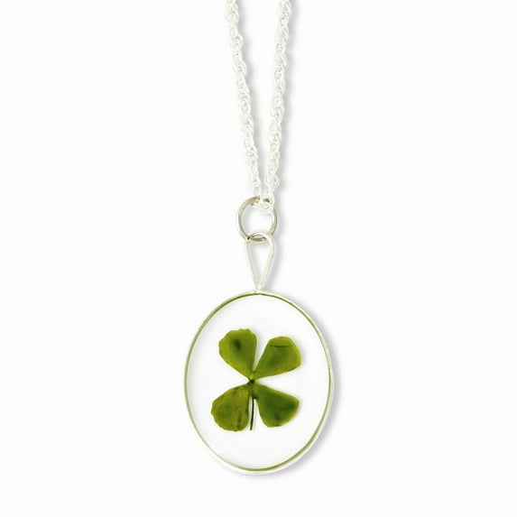necklace with pendant 20 in 1.3 mm Silver Trim Four Leaf Clover Oval with Silver-plated Chain