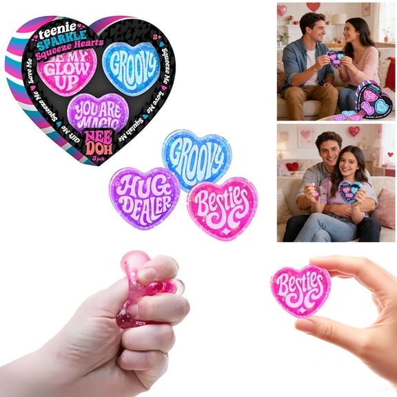 needo Valentine’s Day Heart Stress Toys, 3 Pack Heart-Shaped Squeeze Sensory Toys, Soft Slow Rising Love Shape Stress Toys, 1.5in