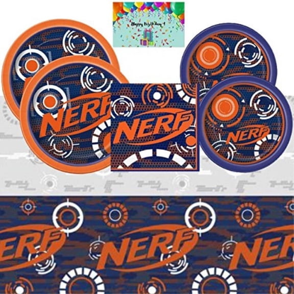 nerf birthday party supplies pack for 16 - lunch and dessert plates, napkins, table cover bundled with custom birthday card by jpmd party house