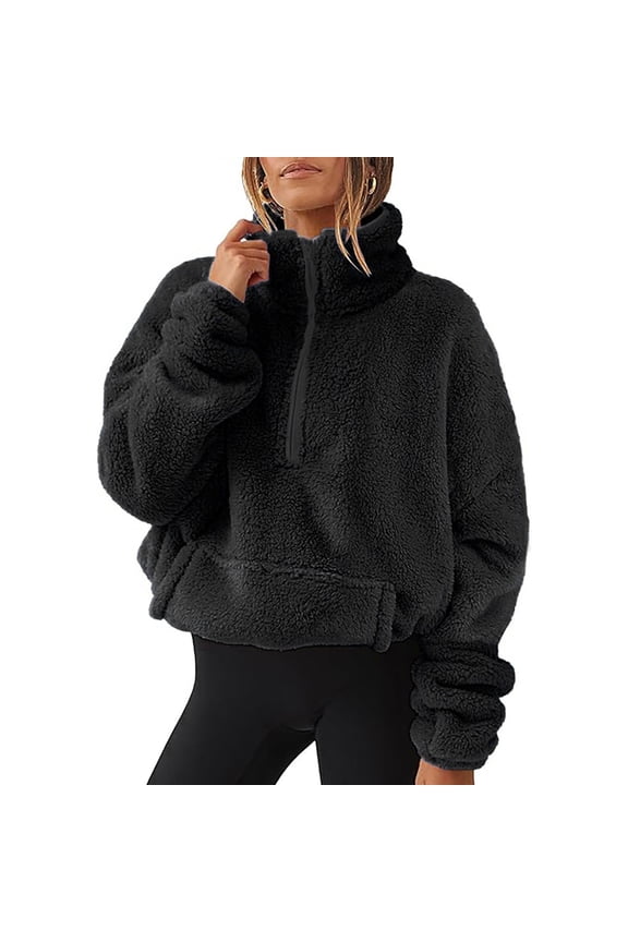 1/4 Zip Sherpa Pullover Womens Fuzzy Fleece Half Zip Pullover Oversized Zip Up Hoodie Quarter Zip Cropped Sweatshirt 2025 Black,S