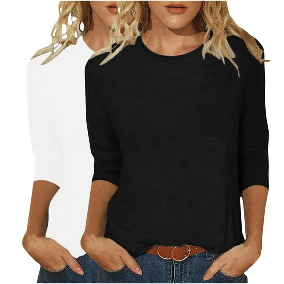 nerohusy 2 Pack 3/4 Length Sleeve Womens Solid Color Tops Casual Loose Fit Crewneck T Shirts Basic Plain Three Quarter Length Tunic Tops 2025 Black,XL
