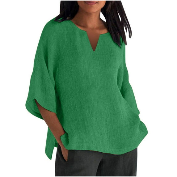 nerohusy 2024 Linen Tops for Women Loose Fit 3/4 Sleeve Crew Neck Flowy T Shirts Dressy Casual Summer Solid Color Gauze Top Side Split Daily Blouses Plus Size Green