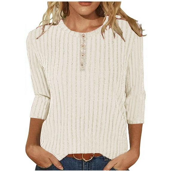 nerohusy 3/4 Length Sleeve Womens Tops Ribbed Knit Sweater Oversized T Shirts Buttons Round Neck Tunic Blouses Spring Summer Basic Solid Color Shirt 2025 Beige,L