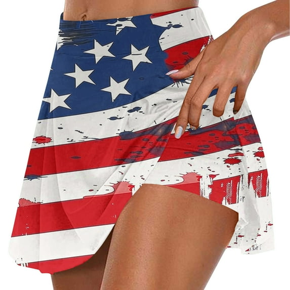nerohusy 4th of July Skorts for Women,Womens American Flag Flowy Tennis Skirts with Shorts Summer High Waisted Stretchy Casual Athletic Golf Skorts Skirts 2024 Red,L