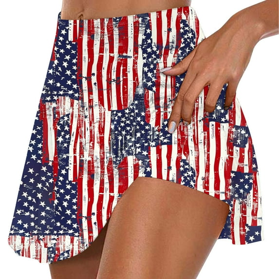 nerohusy 4th of July Skort Patriotic Skirts for Women American Flag Tennis Skirts with Shorts High Waisted Flowy Summer Skorts 2025 Multicolor,XL