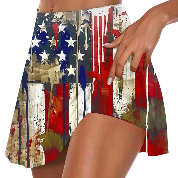 nerohusy 4th of July Skort Patriotic Skirts for Women American Flag Tennis Skirts with Shorts High Waisted Flowy Summer Skorts 2025 Multicolor,XL