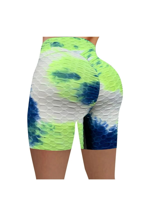 Athletic Shorts for Women 5 Inch Inseam,Women Tie Dye Workout Booty Shorts Scrunch Butt Lifting Yoga Shorts High Waist Sports Textured Leggings,Green,M