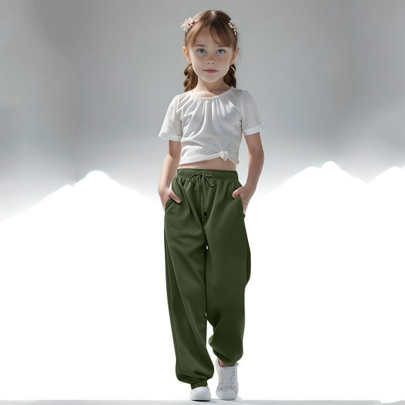 nerohusy Baggy Sweatpants for Girls High Waisted Cinch Bottom Cute Workout Joggers Pants Back to School Clothes for Teen Girls Army Green,3 Years