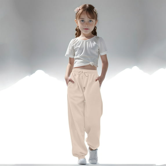 nerohusy Baggy Sweatpants for Girls High Waisted Cinch Bottom Cute Workout Joggers Pants Back to School Clothes for Teen Girls Beige,7 Years