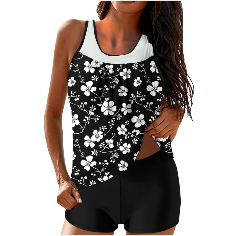 nerohusy Bathing Suits Womens Tankini Two Piece Tankini Swimsuits for Women Tummy Control Bathing Suits Beach Floral Flowy Swim Tank Top with Boy Shorts Black Walmart