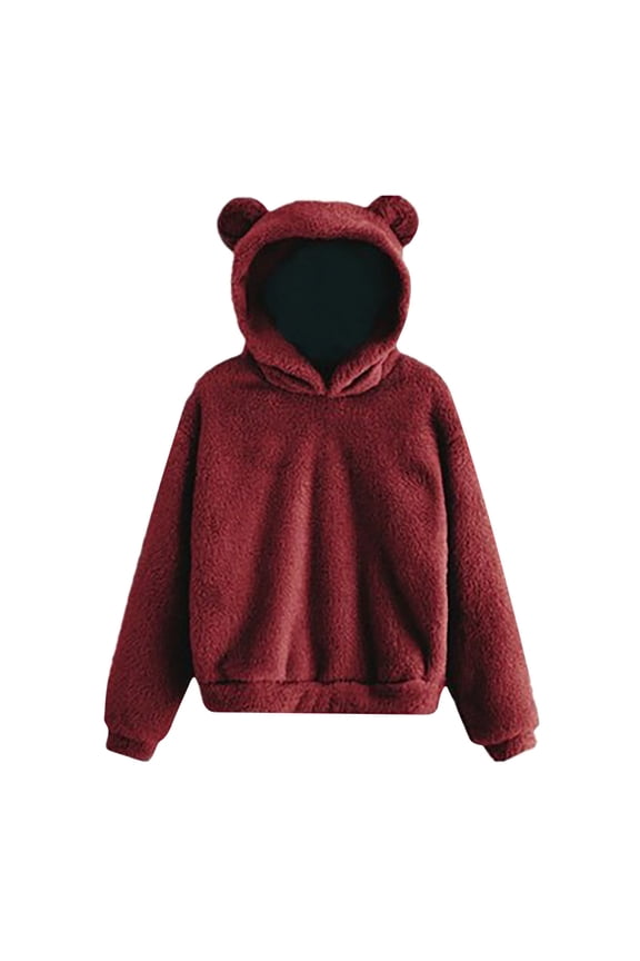 Bear Hoodie with Ears Women Cute Teddy Bear Ears Hoodie Long Sleeve Soft Warm Fleece Homewear 2025 Teddy Bear Hoodie Women Wine,M