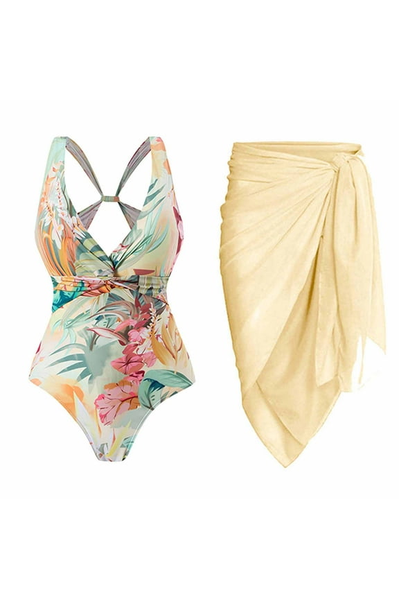 Bikini Sets for Women with Cover Up,Women's One Piece Swimsuit with Beach Cover up Wrap Skirt Sarong Retro Floral Print Bikini Set Two Piece Bathing Suit XL