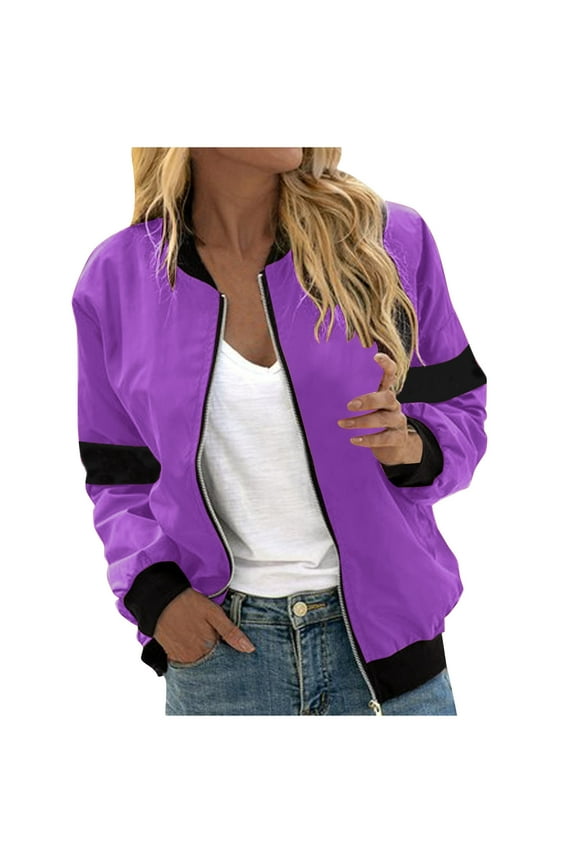 Bomber Jacket Women Graphic Lightweight Zip Up Color Block Long Sleeve Jackets 2024 Fall Outdoor Windbreaker with Pocket Purple,M
