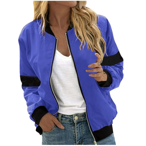 nerohusy Bomber Jacket Women Graphic Lightweight Zip Up Color Block Long Sleeve Jackets 2024 Fall Outdoor Windbreaker with Pocket Blue,S