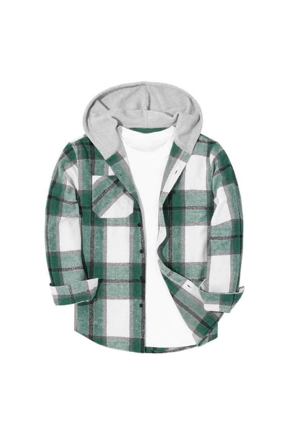 Boys Fall Jacket Plaid Flannel Hooded Shirt Kids Stylish Button Down Lightweight Long Sleeve Shackets Shirts Jacket with Pockets Green,10 Years