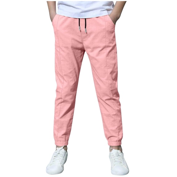 nerohusy Boys Jogger Pants Fall Elastic Waisted Drawstring Sports Pants Casual Solid Color Full Length Pants with Pockets Pink,4 Years