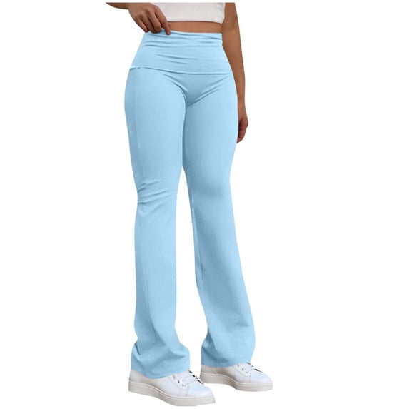 nerohusy Butt Lifting Leggings for Women Low Rise Fold Over Flared Yoga Pants Bootcut Leggings Ladies Comfy Workout Pants Light Blue,XL