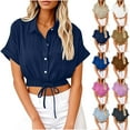 thumbnail image 1 of nerohusy Button Down Cropped Shirts for Women Drawstring Waist Linen Blouses Casual Short Sleeve Lapel Tops with Pocket,Blue,S, 1 of 7