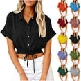 thumbnail image 1 of nerohusy Button Down Cropped Shirts for Women Drawstring Waist Linen Blouses Casual Short Sleeve Lapel Tops with Pocket,Sky Blue,S, 1 of 7