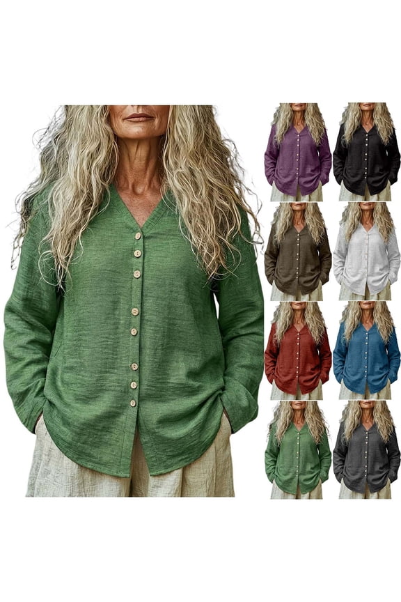 Button Down Long Sleeve Shirts for Women Cotton Linen Comfy Blouses Casual V Neck Cotton Tops,White,S