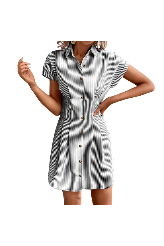 Button Down Shirt Dress for Women Elegant Lapel Neck Short Sleeve Tunic Dresses Business Casual Office Work Midi Dress,Black,L