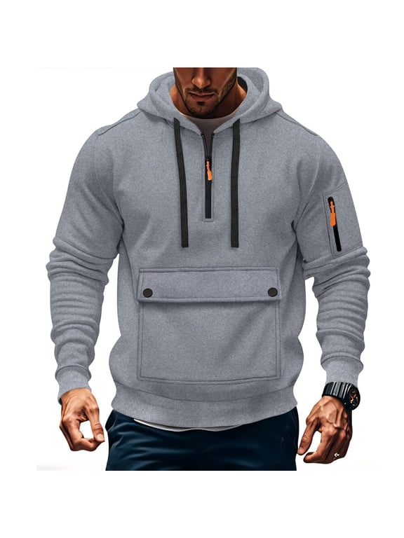 Cargo Hoodie Men Oversized Quarter Zip Pullover Tactical Hoodies Outdoor Drawstring Sweatshirts with Big Pockets Gray,S