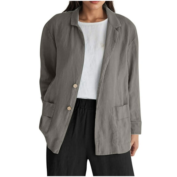 nerohusy Comfy Blazer for Women Casual Business Jackets Fake Linen Cotton Loose Fit Blazers Work Office Suit with Pockets Fall Long Sleeve Jacket Dark Gray,XL