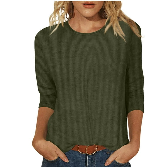 nerohusy Corduroy Shirts for Women 3/4 Sleeve Dressy Tops Plus Size Basic Solid Color Crewneck Tunic Blouse Spring Daily Work Tees Army Green,XXXL