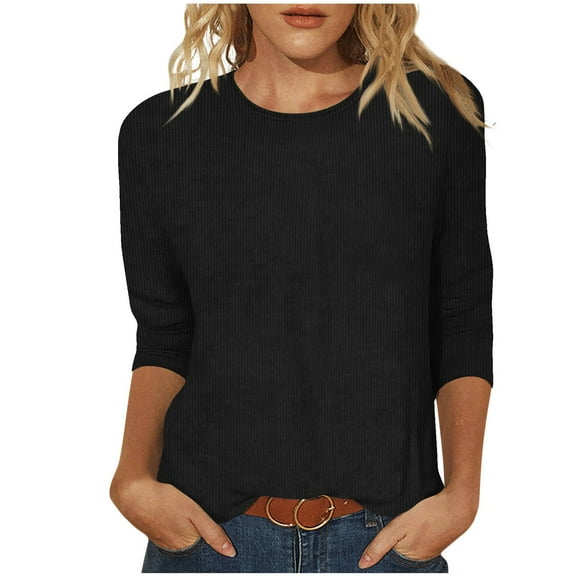nerohusy Corduroy Shirts for Women 3/4 Sleeve Dressy Tops Plus Size Basic Solid Color Crewneck Tunic Blouse Spring Daily Work Tees Black,XL