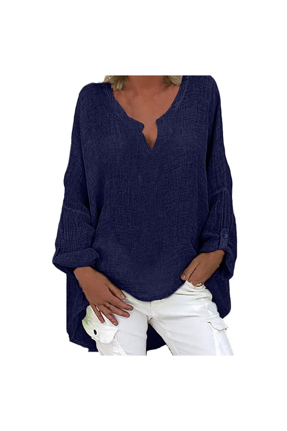 Cotton Linen Shirts for Women 2024 Dressy Casual Plus Size Oversized High Low Hem V Neck Long Sleeve Blouse Solid Color Loose Fit Tunic Top Navy,L