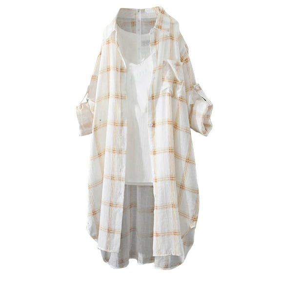 nerohusy Cotton Linen Shirts for Women,Womens Button Cotton Linen Shirt Daily Casual High Low Irregular Hem Long Sleeve Lapel Blouse Loose Summer Linen Tops 2025 Yellow,S