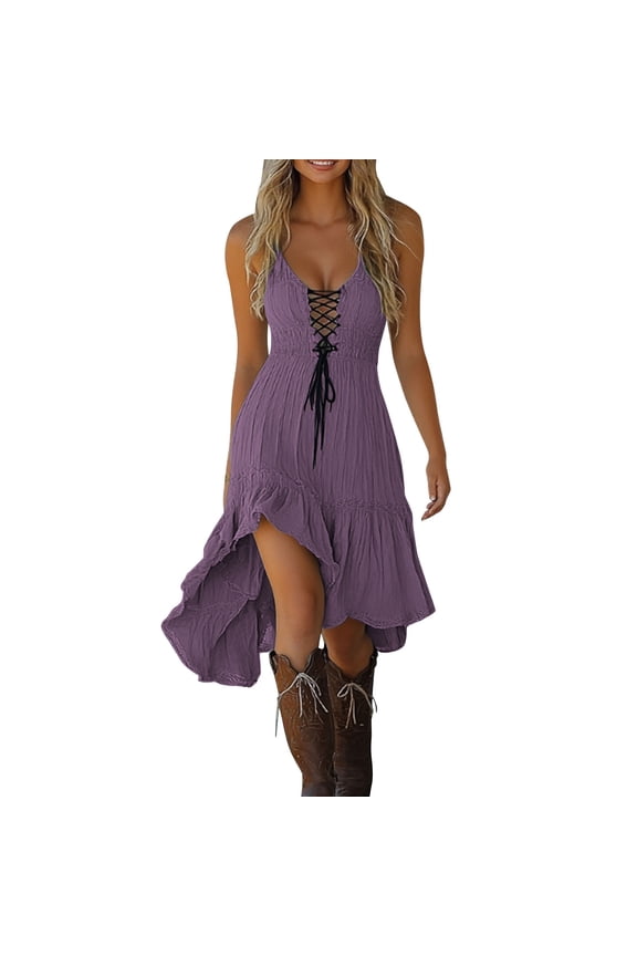 Cowgirl Western Dresses for Women Asymmetrical Hem Western Dress Spaghetti Strap Ruffle High Low Lace Dresses Purple,S