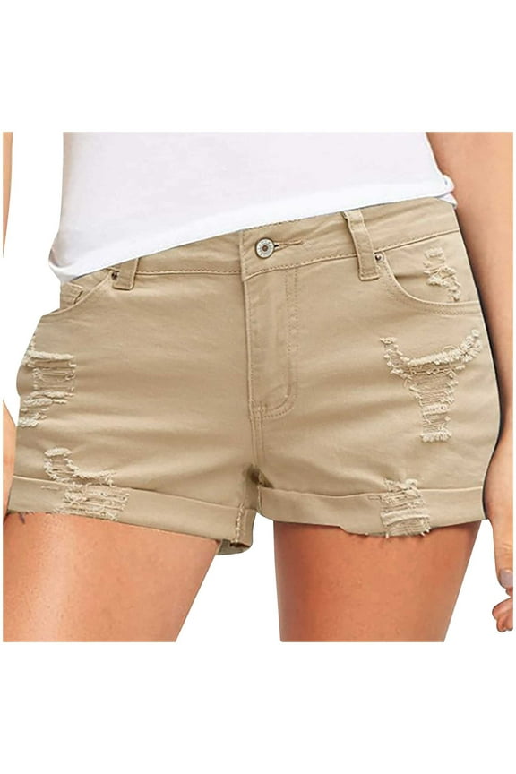 Denim Shorts for Women Mid Rise,Jean Shorts Womens Teen Girls Casual Summer Stretchy Ripped Cuffed Hem Hot Denim Shorts with Pockets,Khaki,M