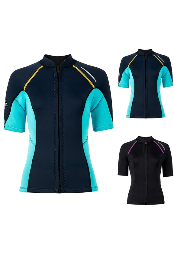 Diving Suit for Women 1.5MM Neoprene Short Sleeve Wetsuit Top Full Zip Thermal Surfing Rash Guard,Dark Blue,XXL