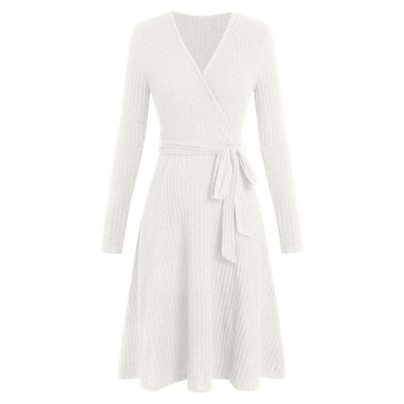 nerohusy Fall 2025 Belt Womens V Neck A Line Wrap Knit Midi Sweater Dress Church Work Teacher Business Casual Outfits White,S