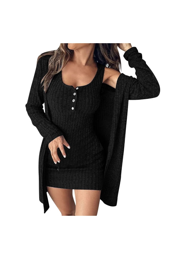Fall Outfit for Women 2 Piece Set Ribbed Knit Long Sleeve Open Front Cardigan and Buttons Scoop Neck Bodycon Mini Dress Black,XXL