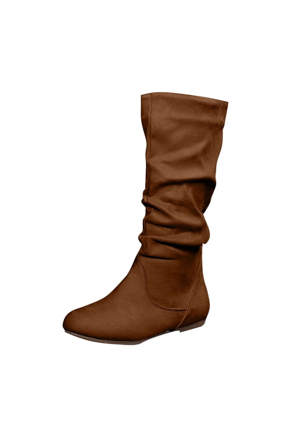 Faux Suede Mid Calf Women's Low Heel Slouch Boots Side Zipper Non-Slip Sole Comfortable Outdoor Footwear Coffee 37