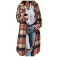 thumbnail image 1 of nerohusy Flannel Plaid Womens Shirt Jacket - Winter Long Button Up Oversized Lapel Knee Length Checkered Shacket Trench Coat Khaki,XXL, 1 of 7