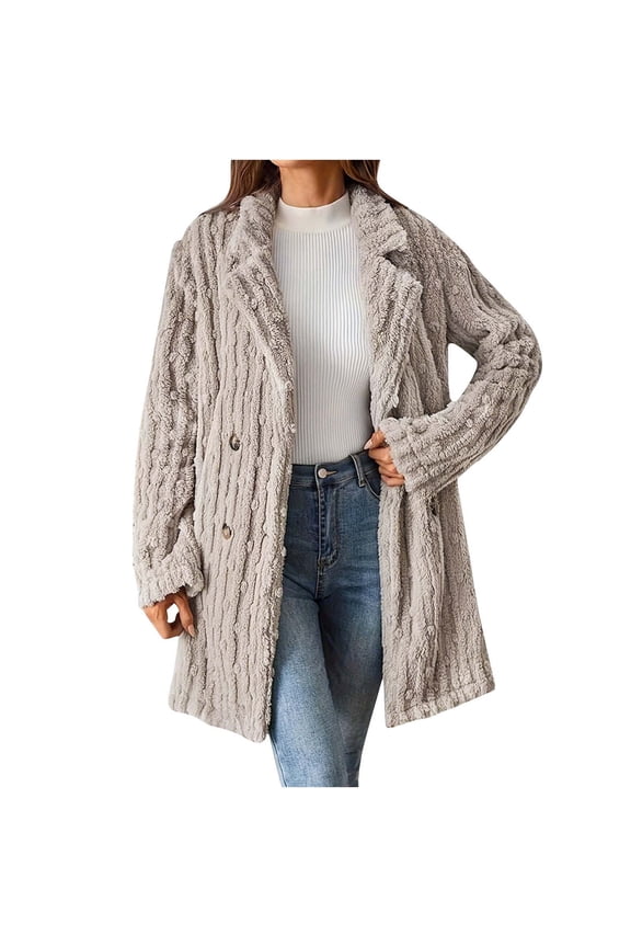 Fleece Jackets for Women Double Breasted Lapel Winter Coat Chunky Cable Knit Sweater Solid Wool Blend Outerwear 2025 Khaki,S