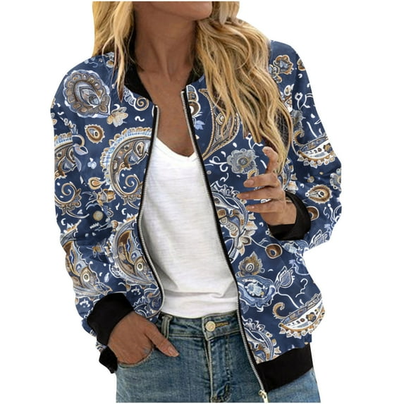 nerohusy Flower Bomber Jacket Women Jackets for Women 2024 Full Zip Bomber Jacket Lightweight Fall Winter Coats Long Sleeve Oversized Windbreaker Blue,XL