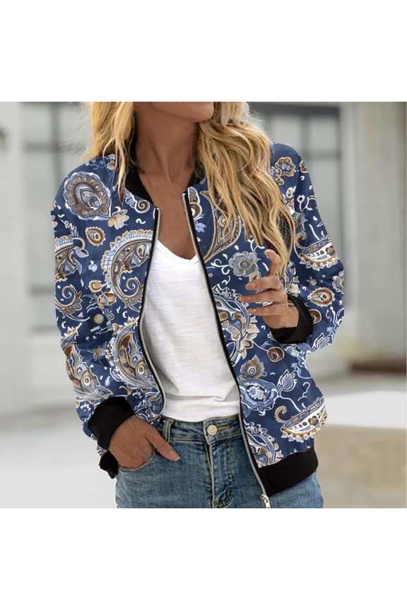 Flower Bomber Jacket Women Jackets for Women 2024 Full Zip Bomber Jacket Lightweight Fall Winter Coats Long Sleeve Oversized Windbreaker Blue,XXL