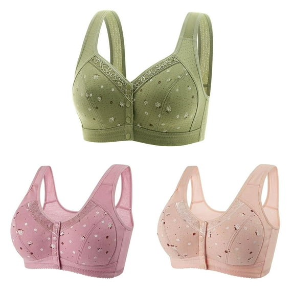 nerohusy Front Closure Bras for Women No Underwire,3-Pack Sports Bras for Women Front Closure Full Coverage Buttons Bra Comfortable Push Up Bras Everyday Underwear,Army GreenXL