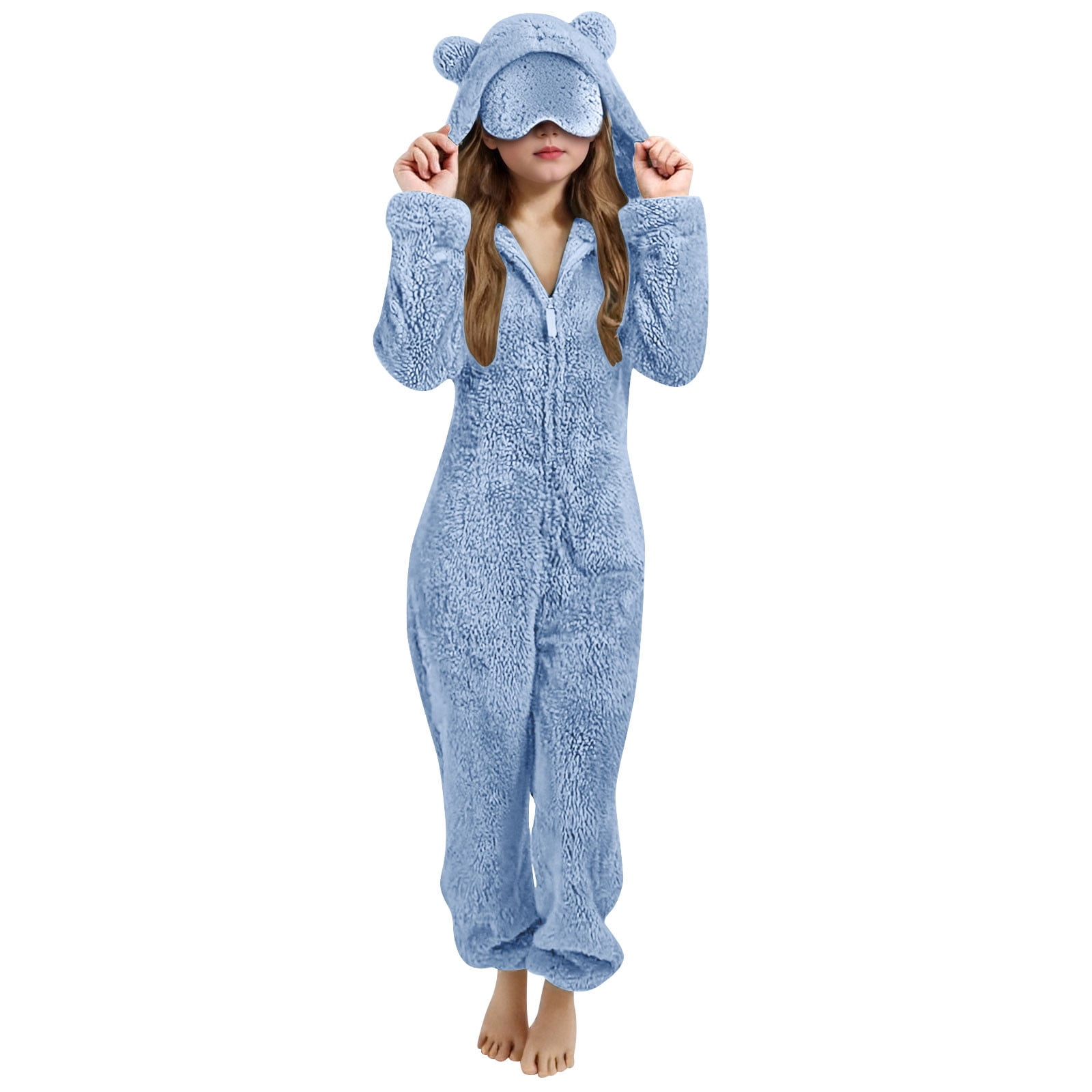 nerohusy Girls Fleece Zip Up Jumpsuits with Eye Mask Built In Kids Cat Ears Hooded Rompers Cozy Fuzzy Cute Animal Onesie Winter Warm Zipper Playsuit Blue,11 Years