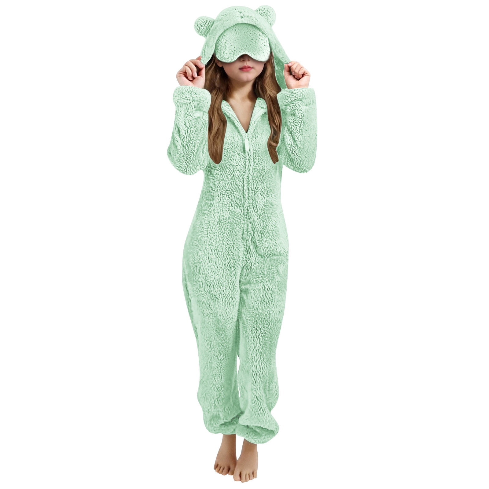 nerohusy Girls Fleece Zip Up Jumpsuits with Eye Mask Built In Kids Cat Ears Hooded Rompers Cozy Fuzzy Cute Animal Onesie Winter Warm Zipper Playsuit Green,11 Years