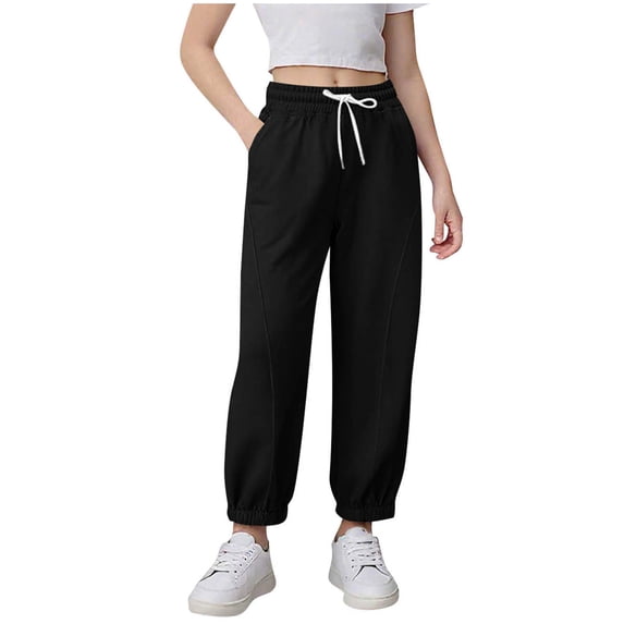 nerohusy Girls Jogger Sweatpants Fall Elastic Waist Athletic Drawstring Pants Casual Lightweight Sports Running Pant with Pockets Black,6 Years