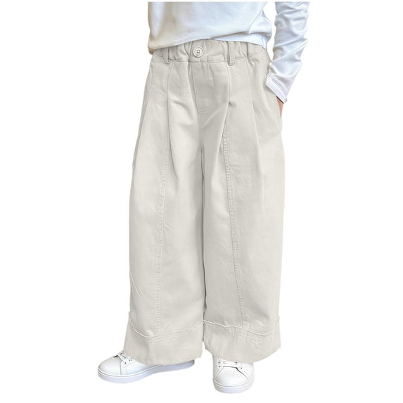 nerohusy Girls Loose Wide Leg Pants Summer Elastic Waisted Button Pants Casual Solid Color Straight Pants with Pockets Beige,1-2 Years