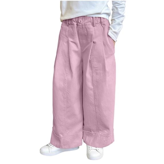 nerohusy Girls Loose Wide Leg Pants Summer Elastic Waisted Button Pants Casual Solid Color Straight Pants with Pockets Pink,3-4 Years