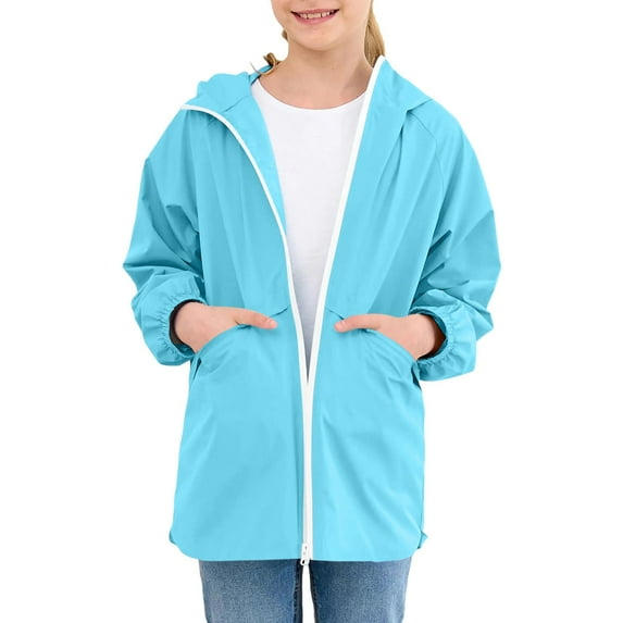 nerohusy Girls Rain Jacket Lightweight Waterproof Teen Girl Full Zip Up Hooded Wind&Water Resistant Raincoat with Zipper Pockets 2025 Sky Blue,5-6 Y