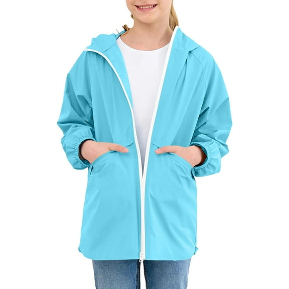 nerohusy Girls Rain Jacket Lightweight Waterproof Teen Girl Full Zip Up Hooded Wind&Water Resistant Raincoat with Zipper Pockets 2025 Sky Blue,6-7 Y