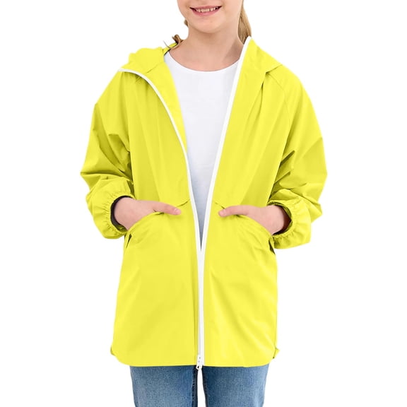 nerohusy Girls Rain Jacket Lightweight Waterproof Teen Girl Full Zip Up Hooded Wind&Water Resistant Raincoat with Zipper Pockets 2025 Yellow,10-11 Y
